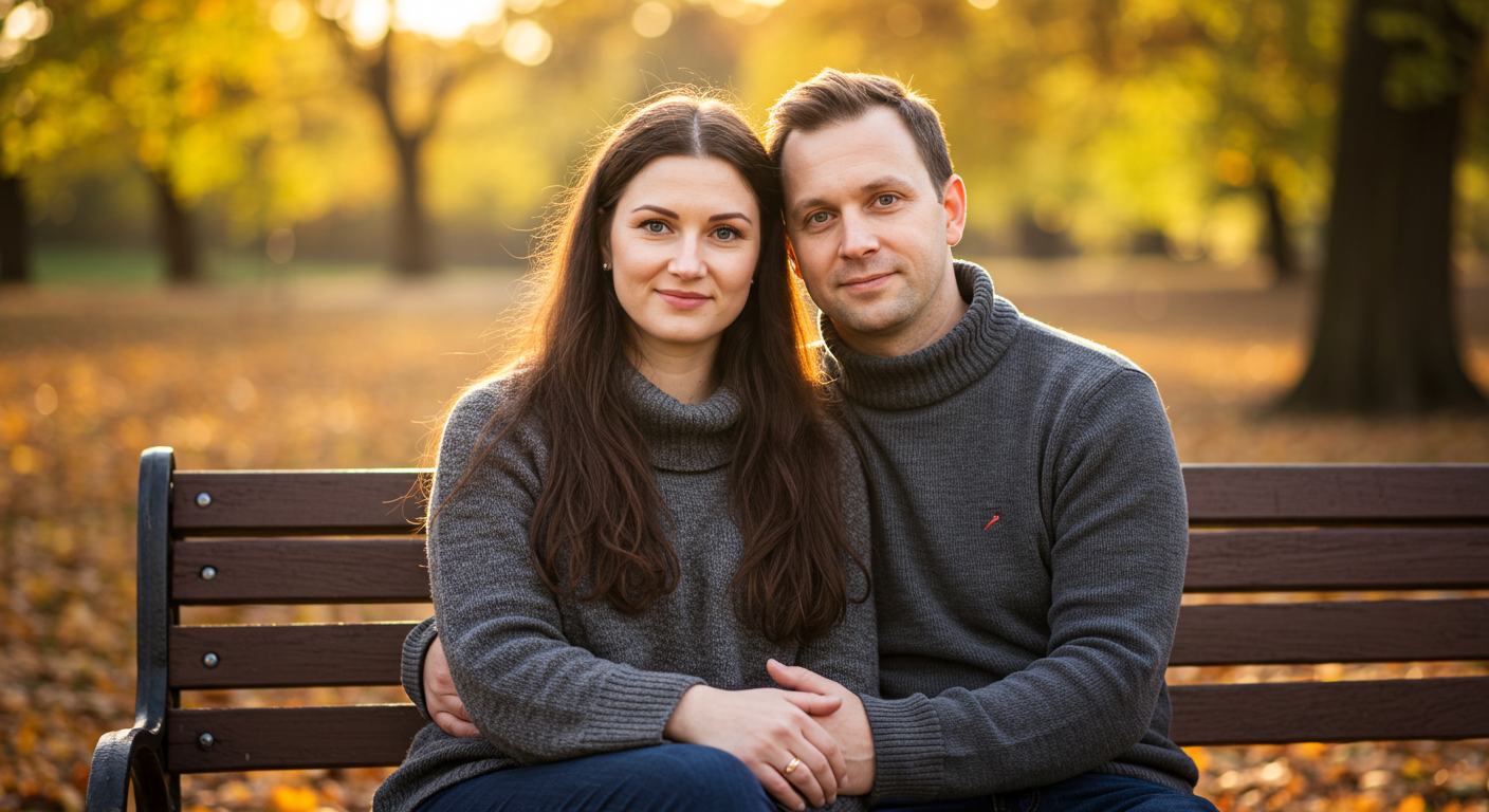 Пара на скамейке в парке, мама держит за руку партнера и улыбается