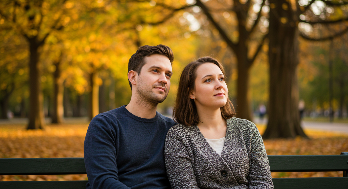 Пара на скамейке в парке, обнимаясь, думает о страхе после близости