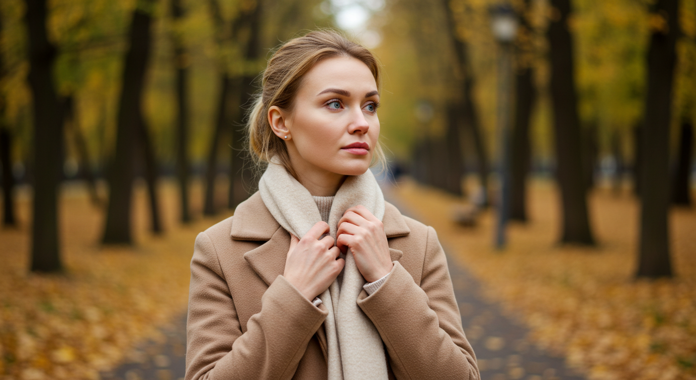 Размышляющая мама идет по спокойной дорожке в парке осенью