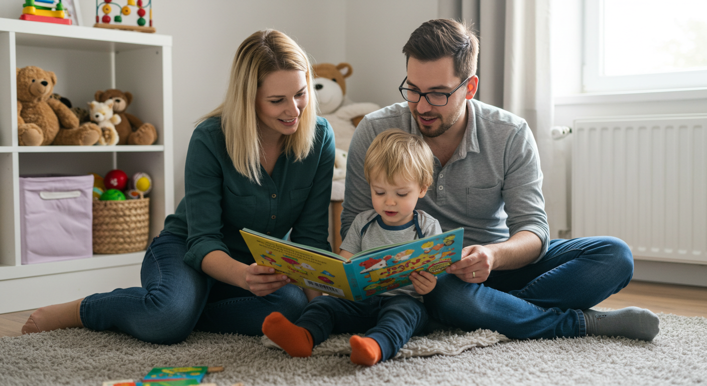 Родители читают сыну иллюстрированное стихотворение о любви