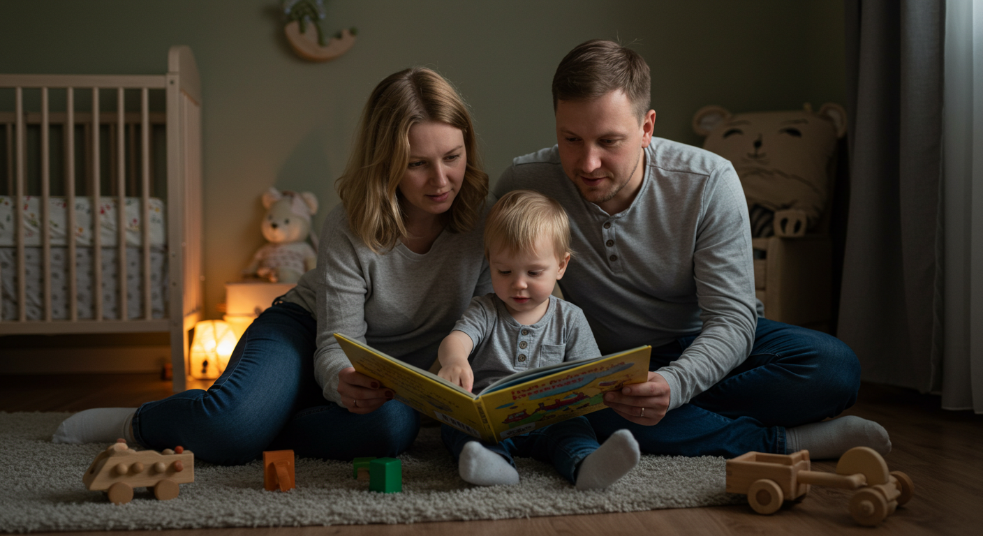 Семья читает книгу на ковре в nursery с болотными стенами