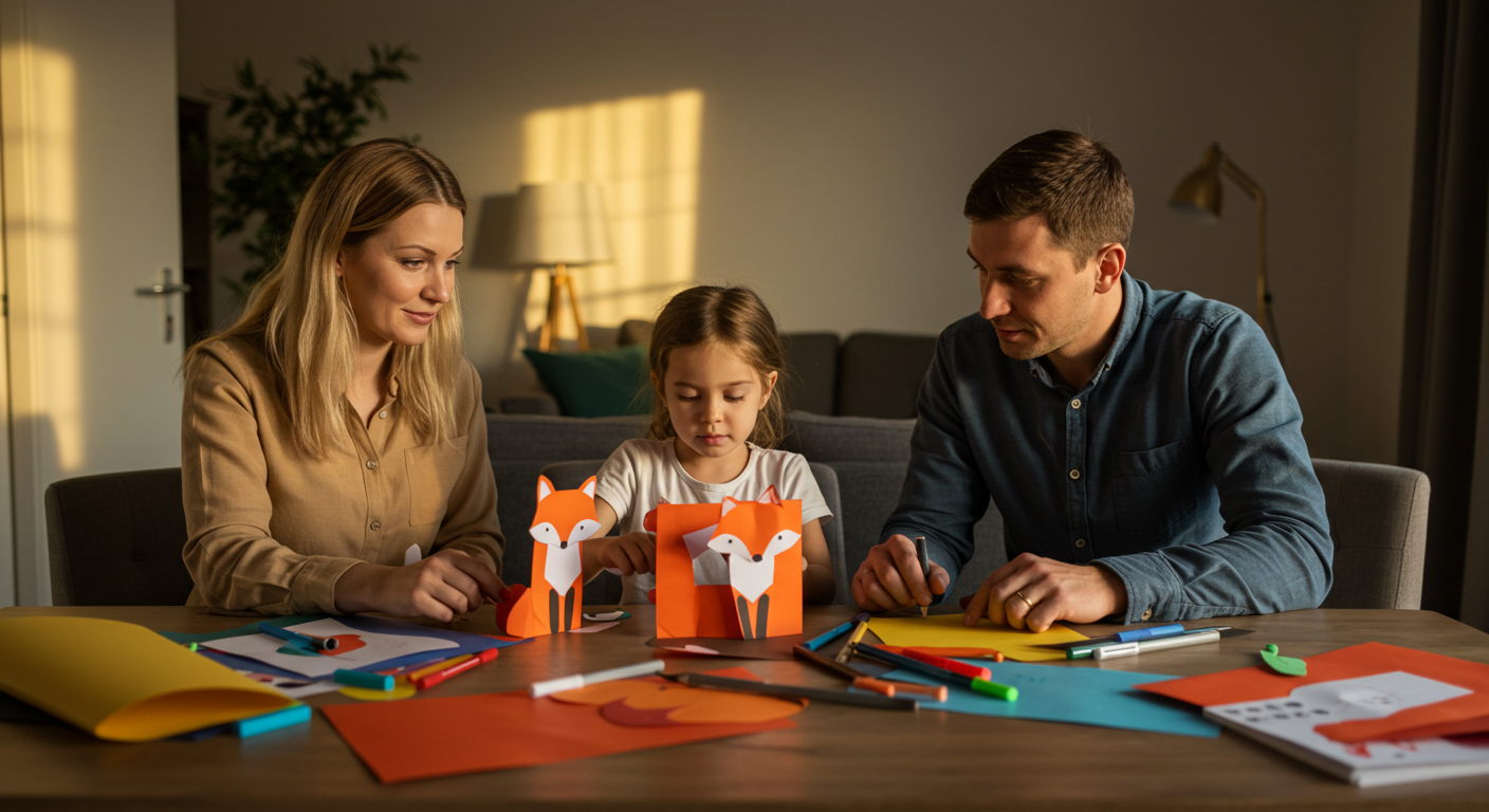 Семья из четырех человек создает театр оригами лисы за столом в гостиной
