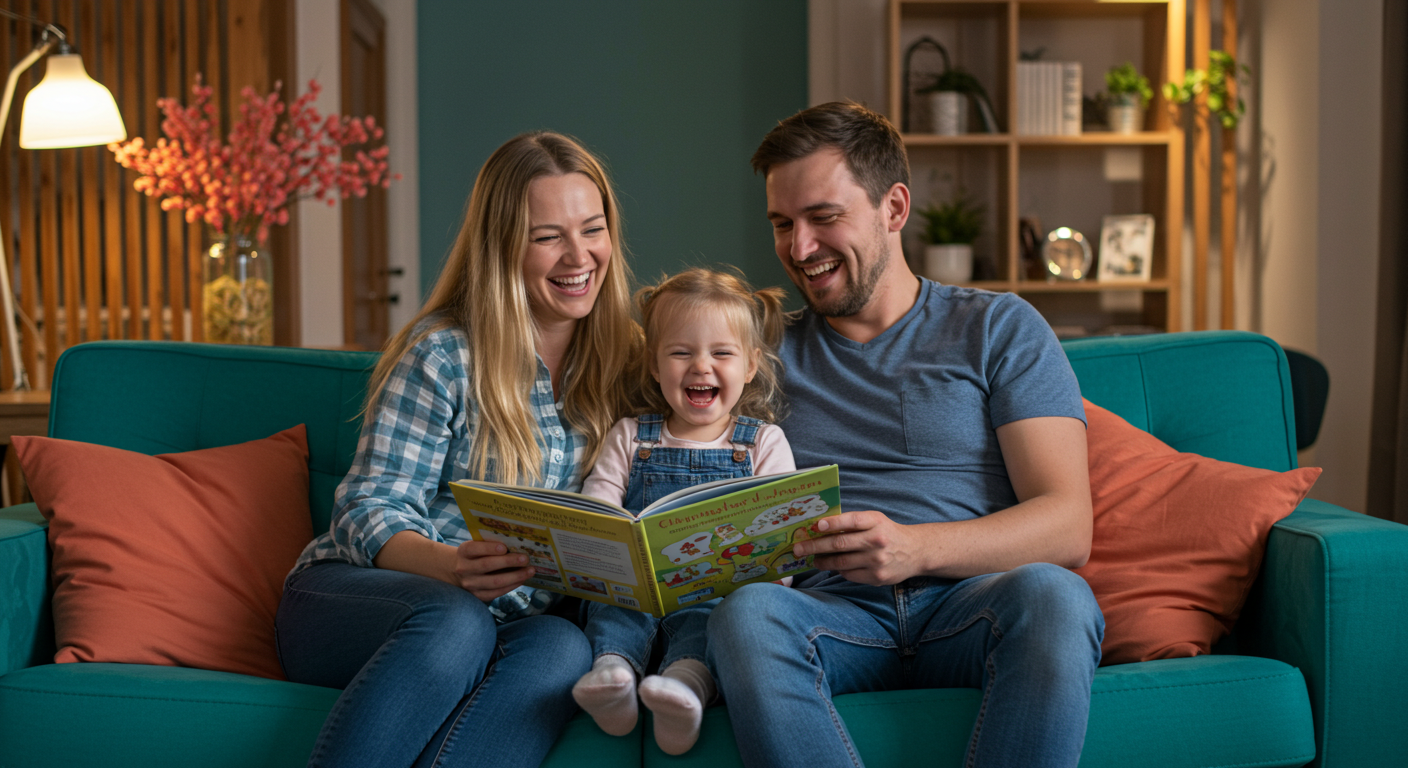 Семья на бирюзовом диване читает книгу в стильной гостиной