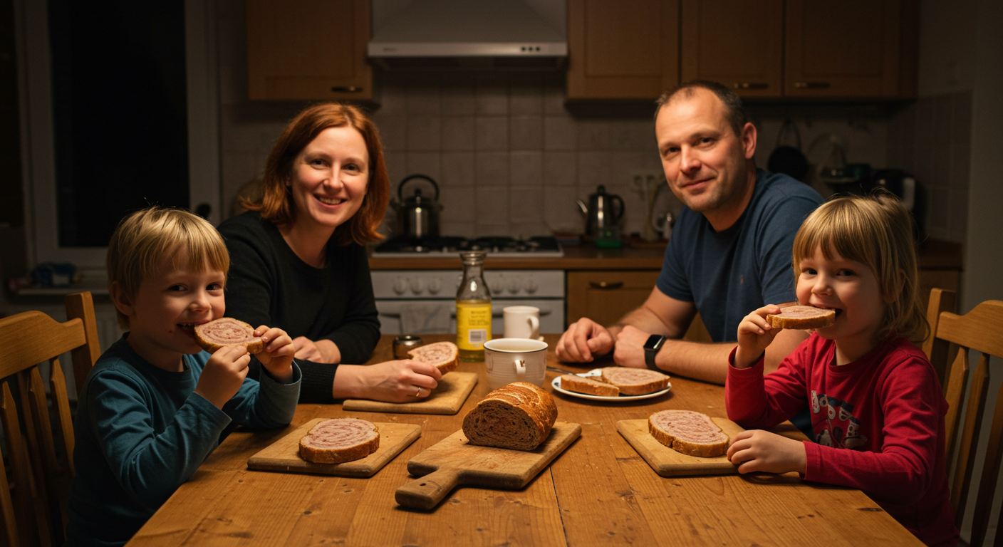 Семья наслаждается кусочками рулета из сала с ржаным хлебом за столом