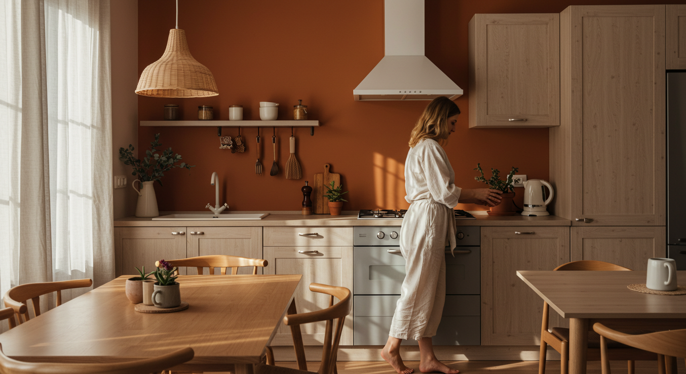 Семья отдыхает на кухне с кирпичным акцентом, отец держит ребенка на руках