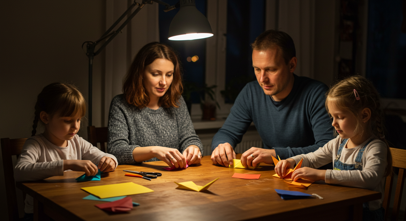 Семья складывает цветные оригами журавлики за деревянным столом в уютной комнате