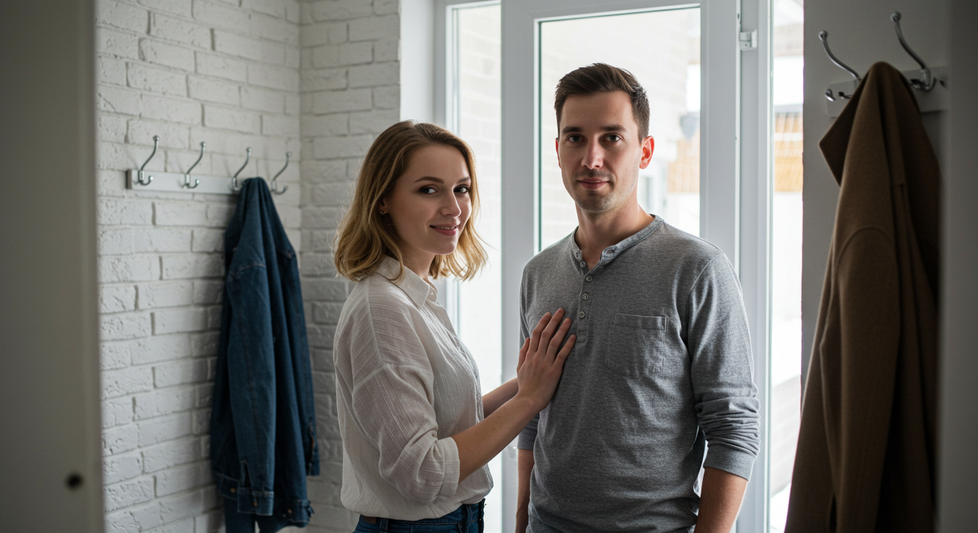 Семья у кирпичной стены в коридоре, дочь рисует на коробке