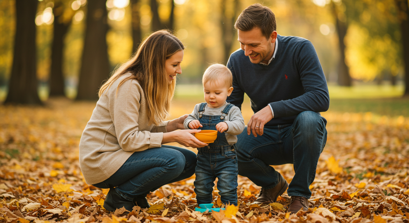 Семья в парке показывает ребенку силиконовую миску с фруктами среди осенних листьев