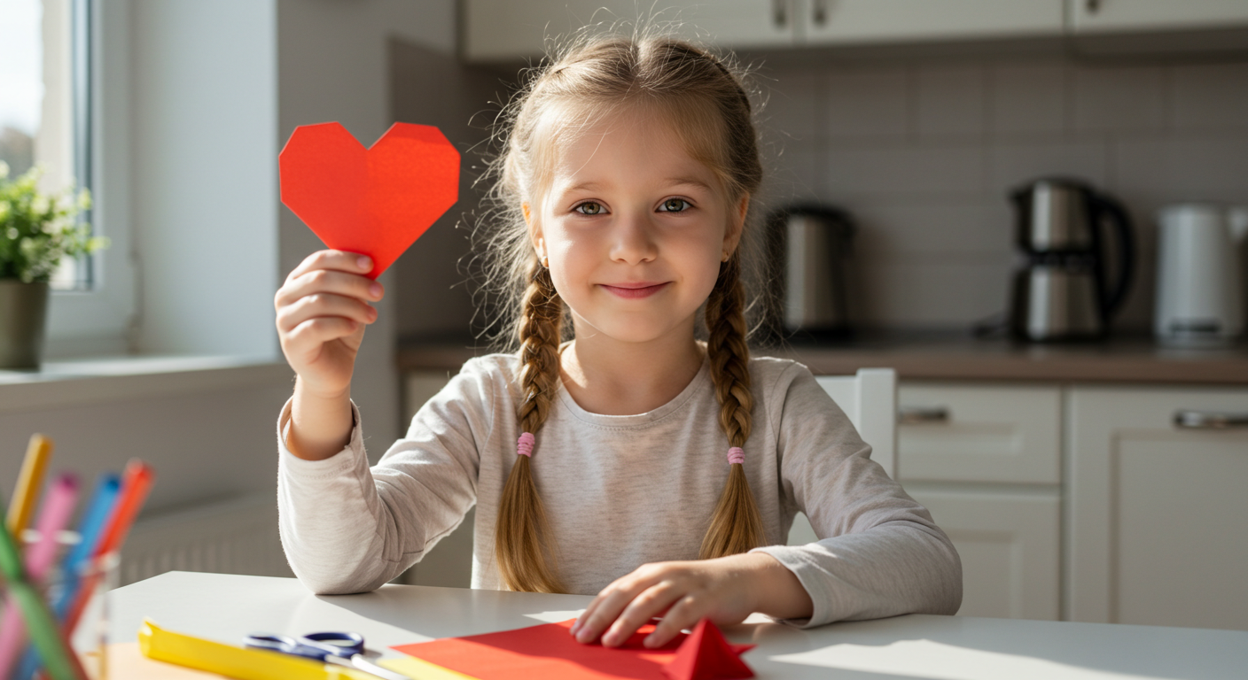 Шестилетняя девочка гордо держит бумажное сердце на кухне с оригами материалами