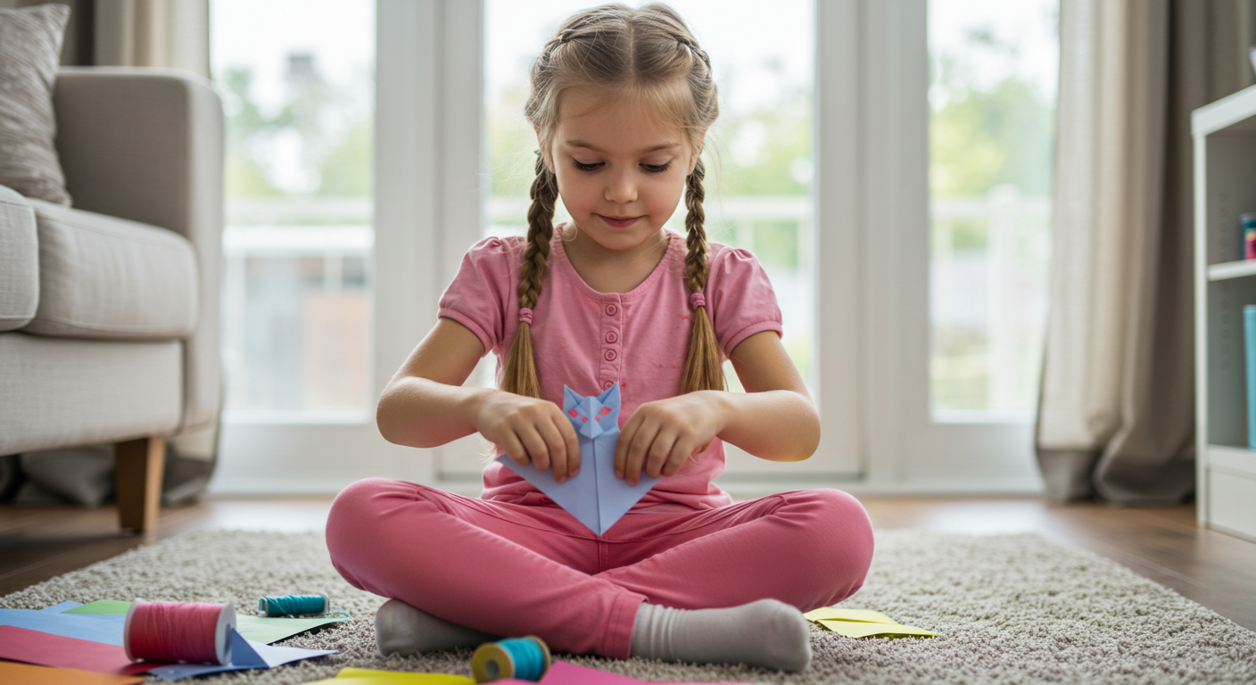 Славянская девочка складывает бумажного кота на ковре в светлом помещении