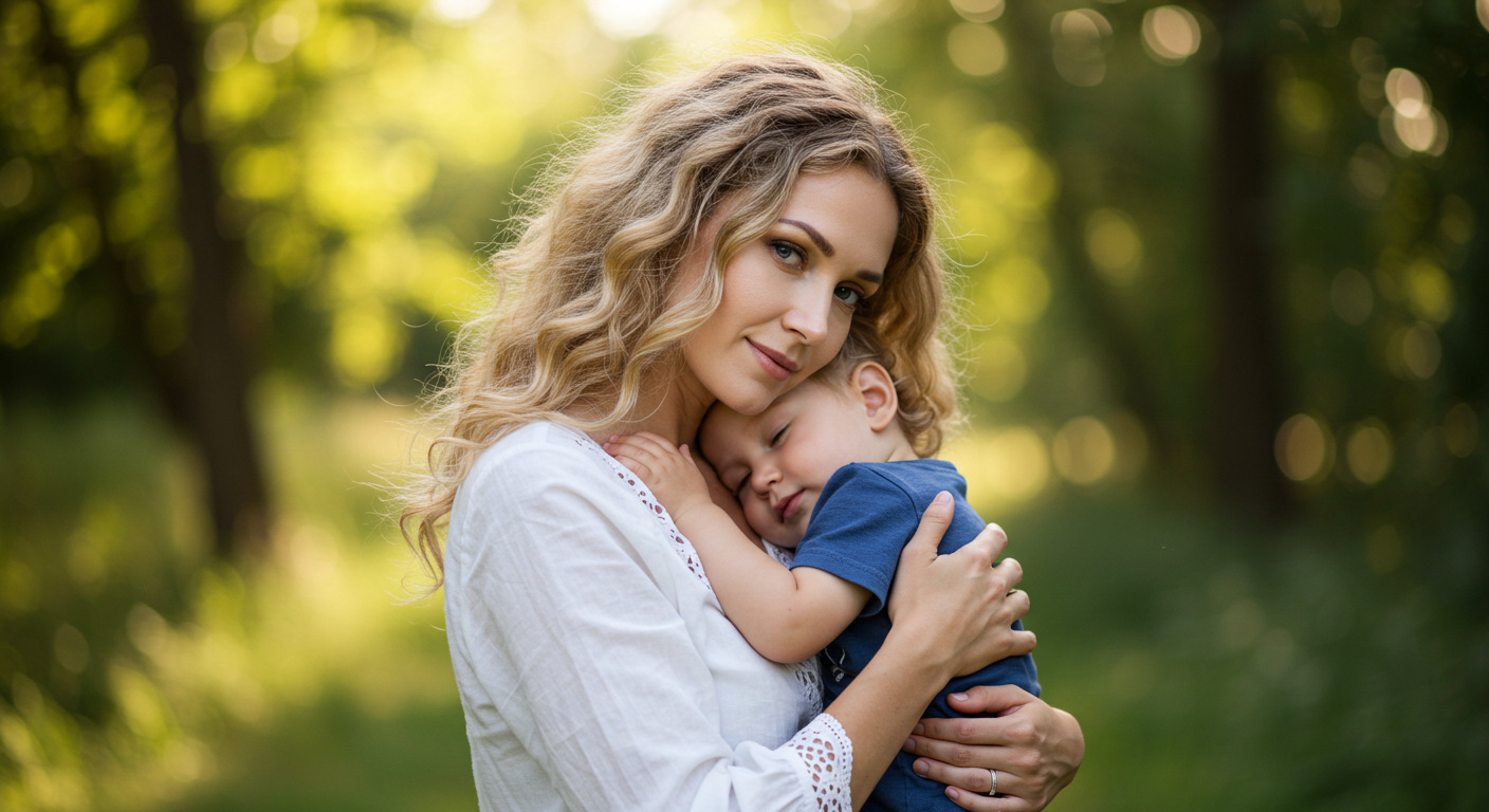 Славянская мама обнимает сына в солнечном лесу