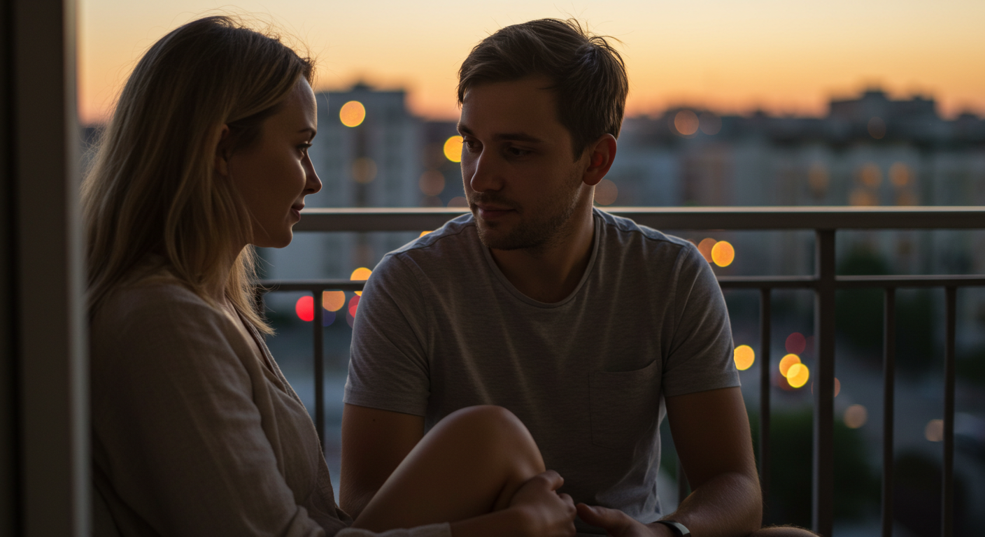 Славянская пара общается на балконе во время заката