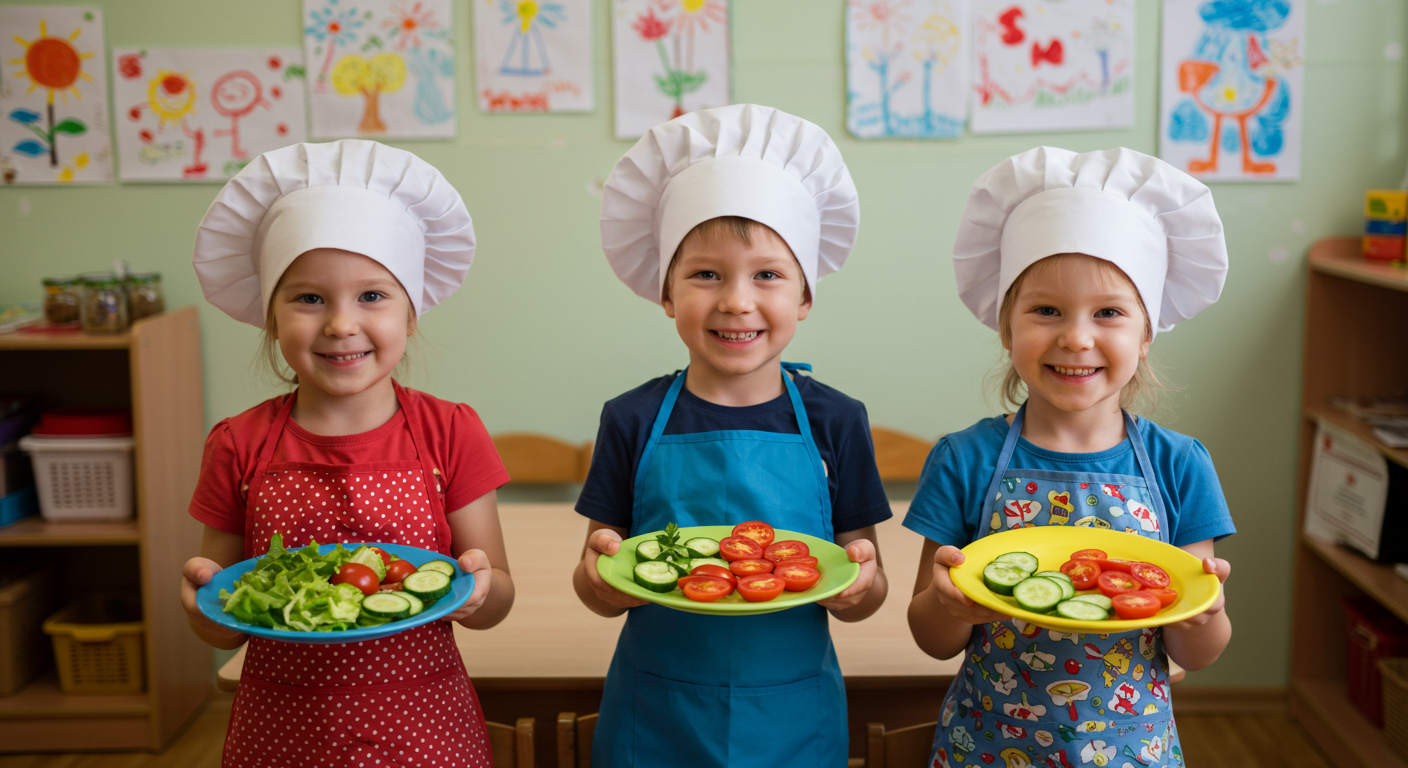 Трое детей с удовольствием показывают свои овощные салаты в саду