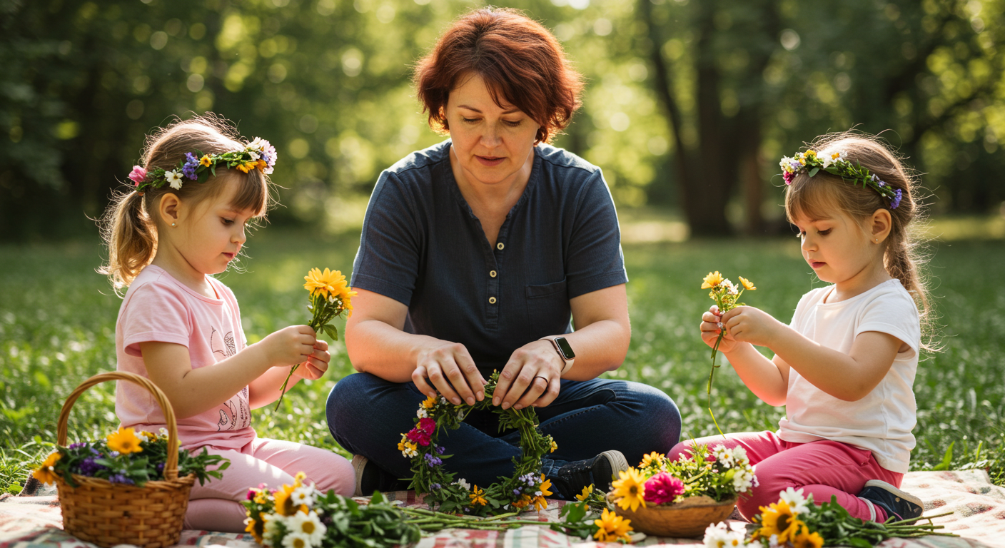 Учительница показывает детям, как плести венки из цветов на улице