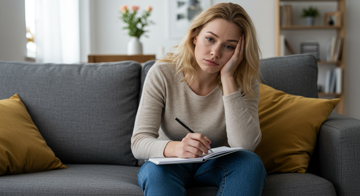 Уставшая мама сидит на диване, отражая родительские страхи и тревожность