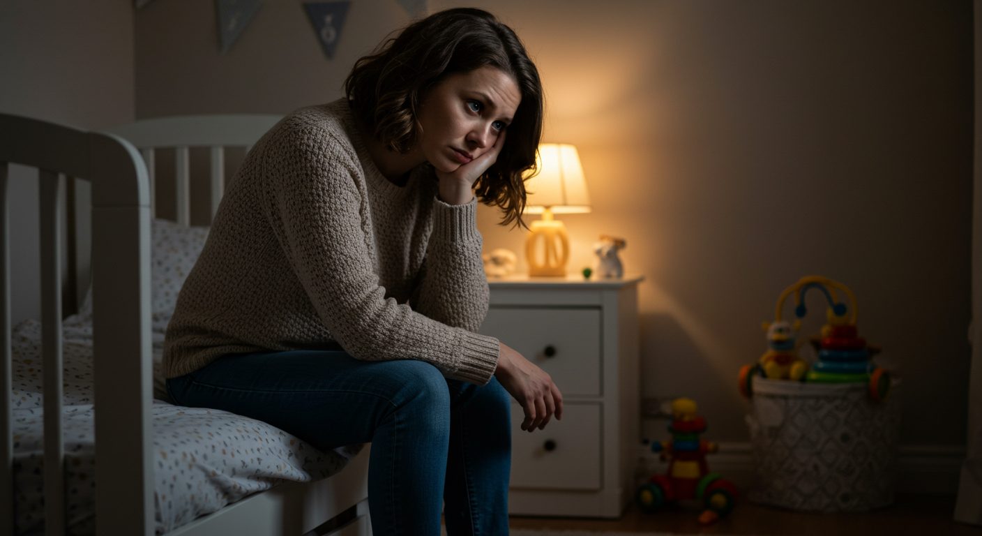 Уставшая молодая мама сидит на краю кровати ребенка в детской