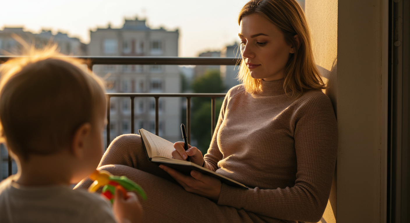 Женщина пишет в блокноте на балконе, рядом играет малыш с игрушкой
