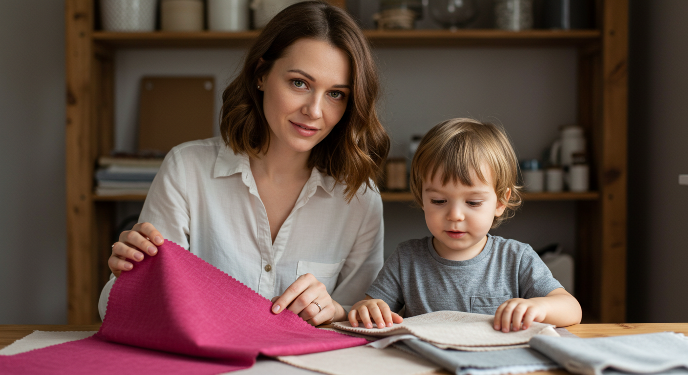 Женщина с сыном выбирают ткани малинового и серого цветов в домашней студии