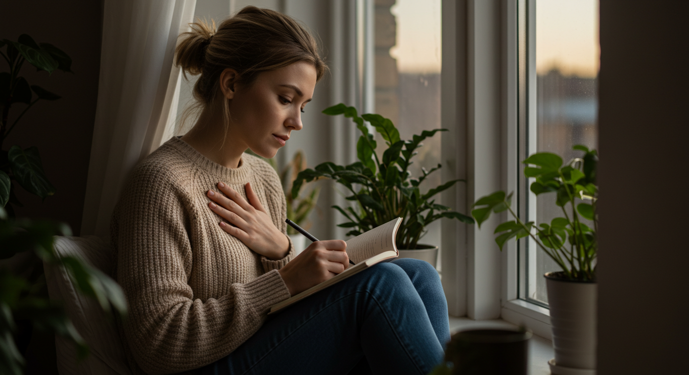 Женщина пишет в блокноте на подоконнике, держит руку на груди в тихом доме