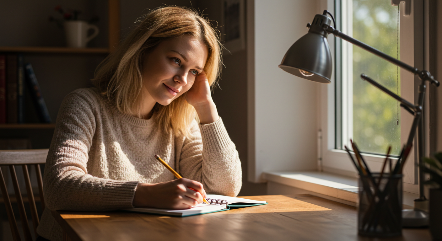 Женщина пишет в блокноте у окна в домашнем офисе, расслабленная поза