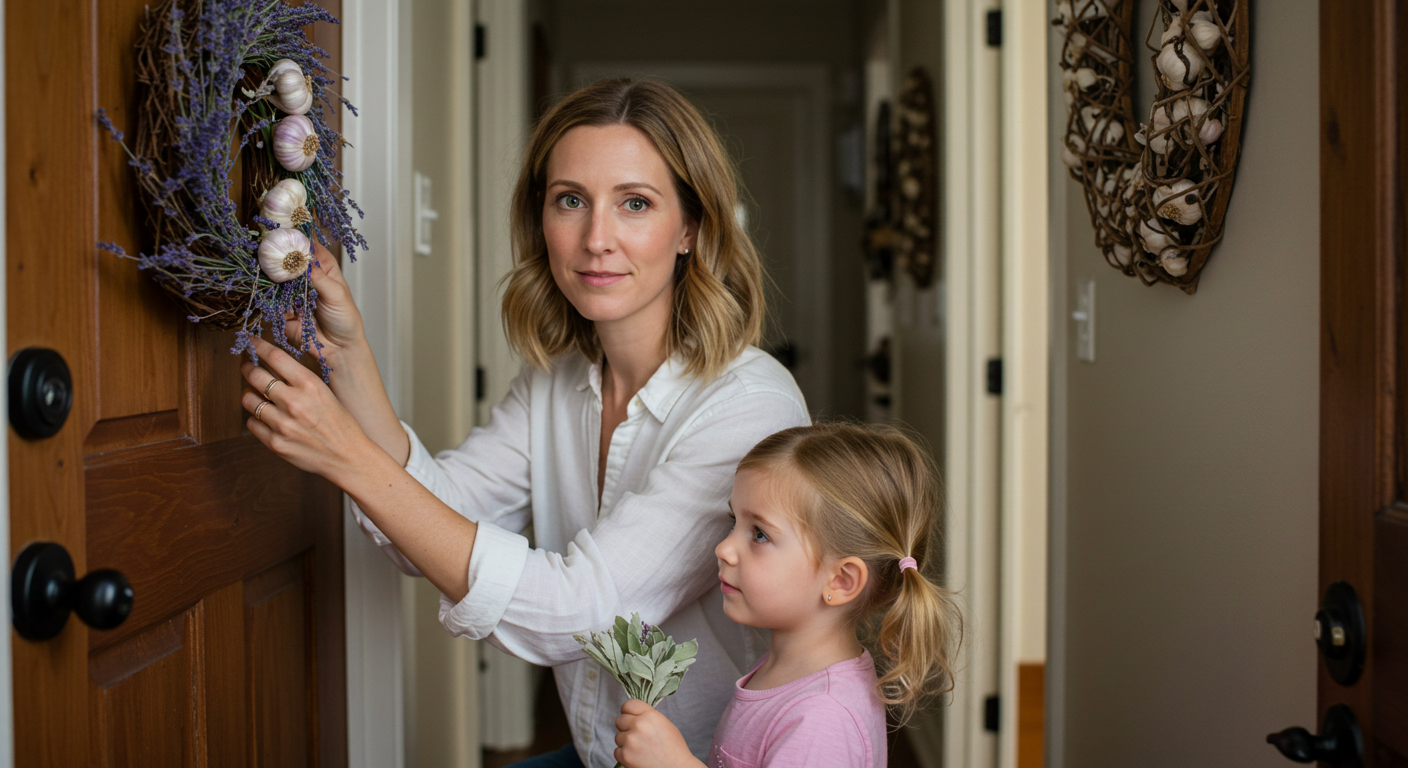 Женщина вешает венок из чеснока и лаванды, дочь держит шалфей