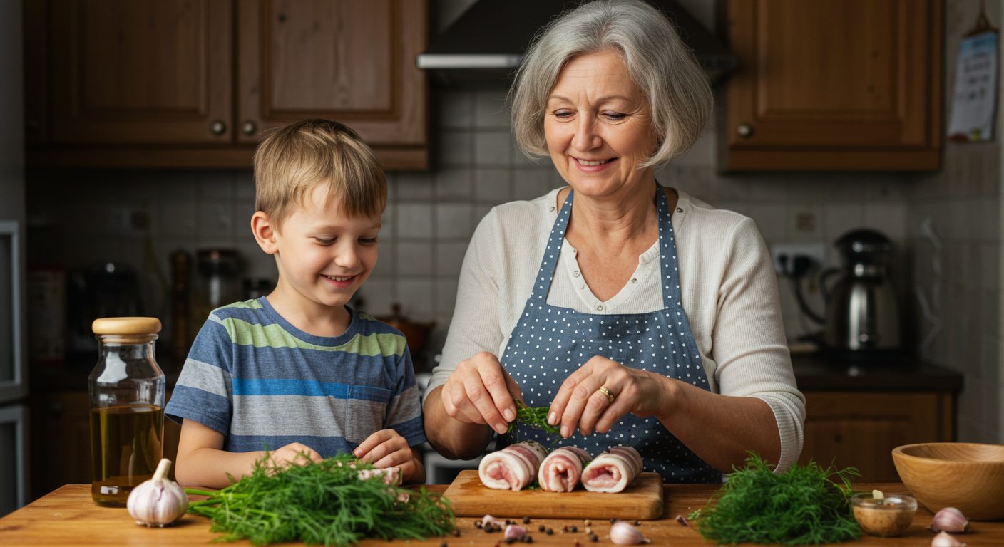 Бабушка показывает внуку, как приправить рулет из сала в уютной кухне