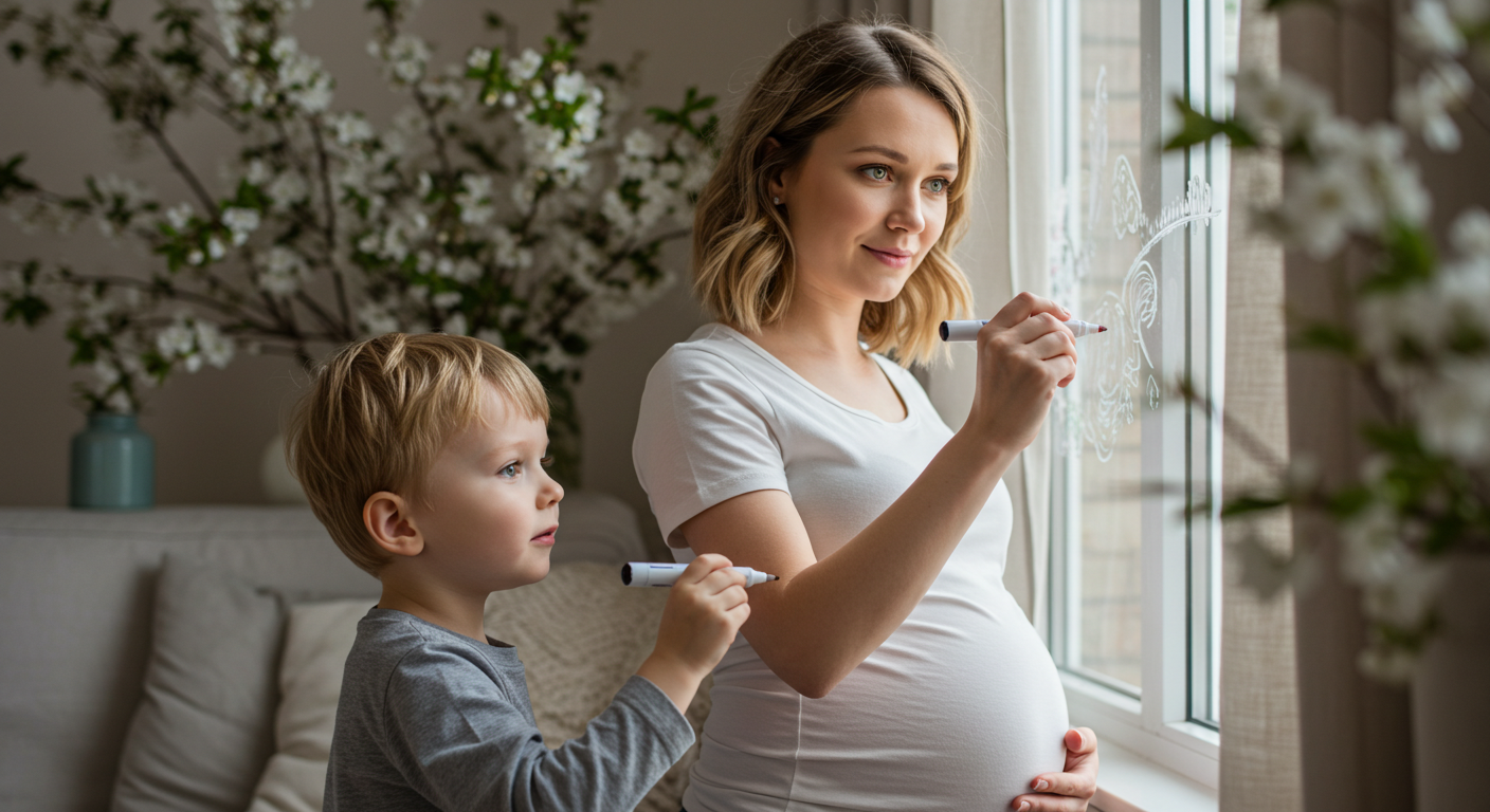 Беременная мама рисует на окне с сыном в комнате с весенним декором