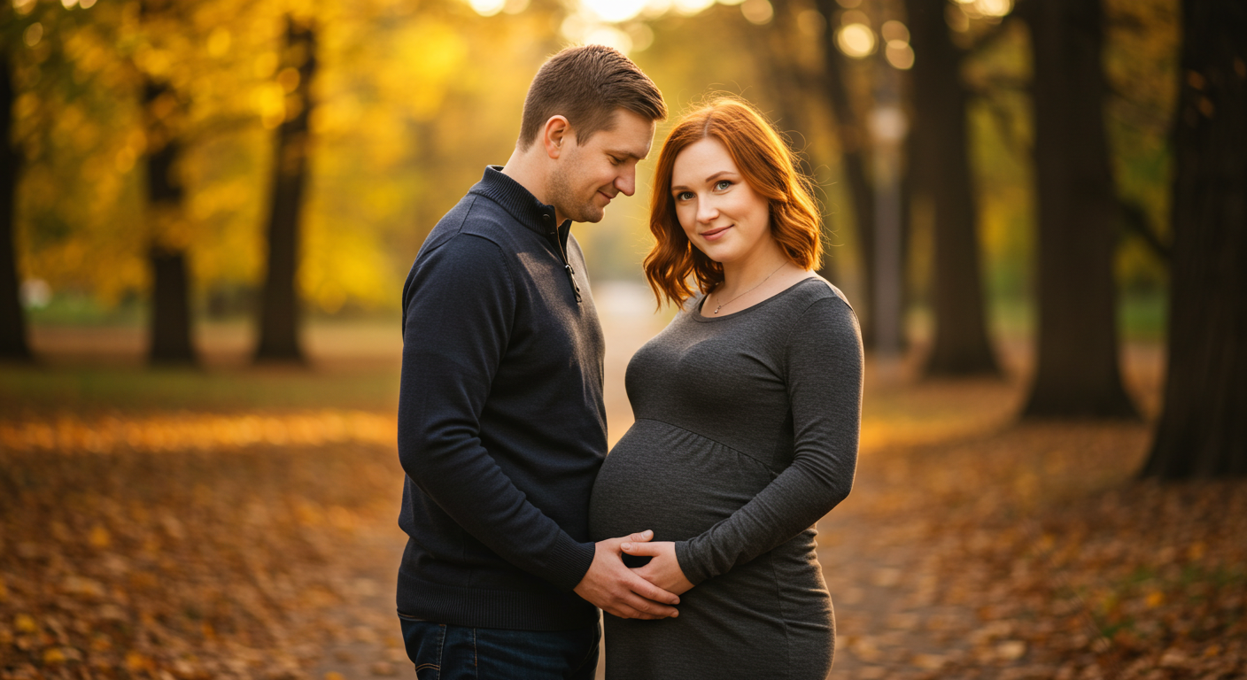Беременная женщина гуляет с партнером в осеннем парке