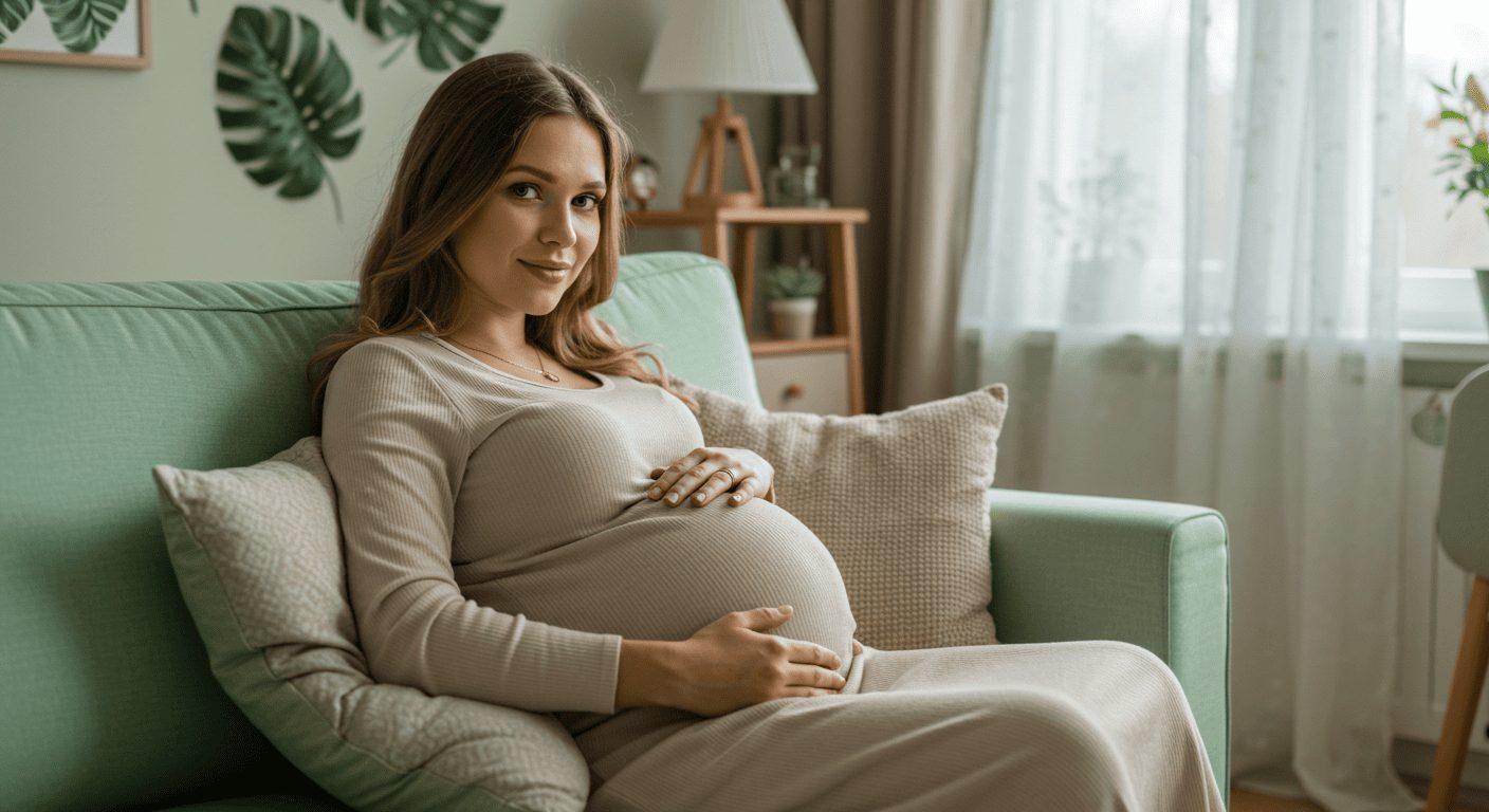 Беременная женщина отдыхает на салатовом диване в интерьере с зелеными акцентами