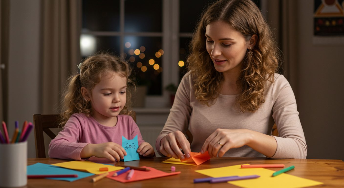 Беременная женщина с дочерью делает оригами кота из бумаги на столе