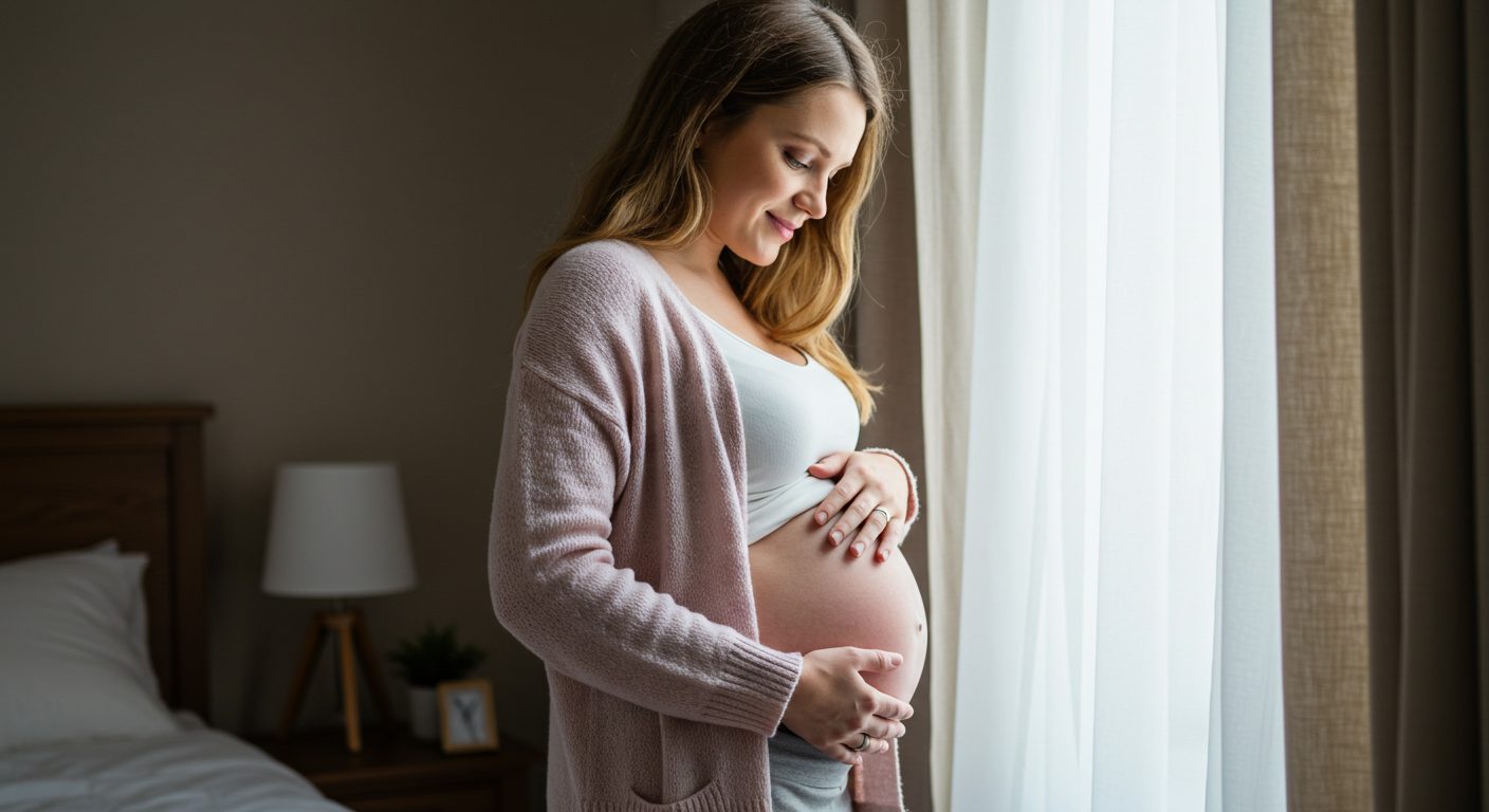 Беременная женщина в уютной обстановке касается живота, светлая комната
