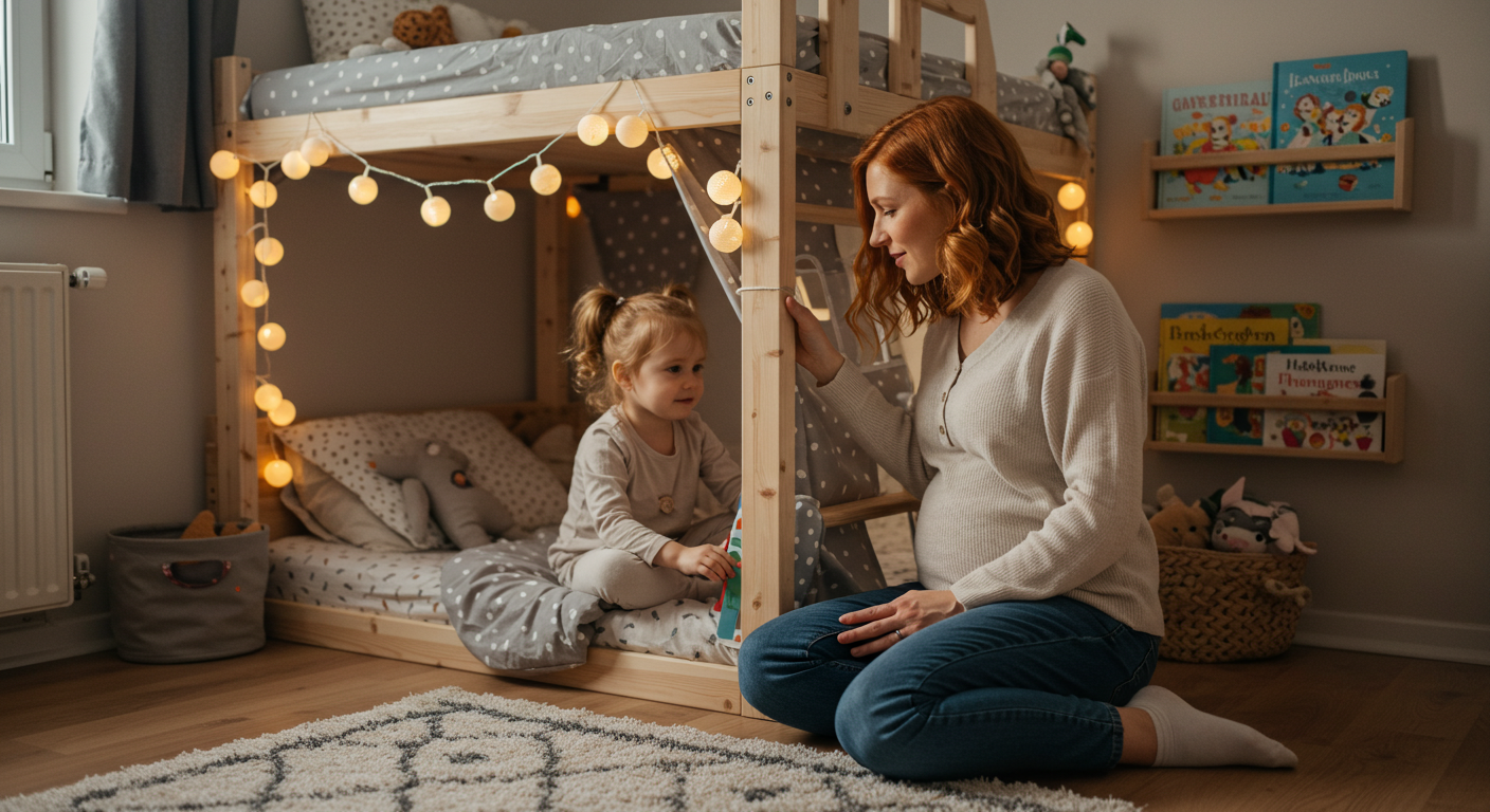 Будущая мама наблюдает, как дочь играет на кровати с уютным шатром