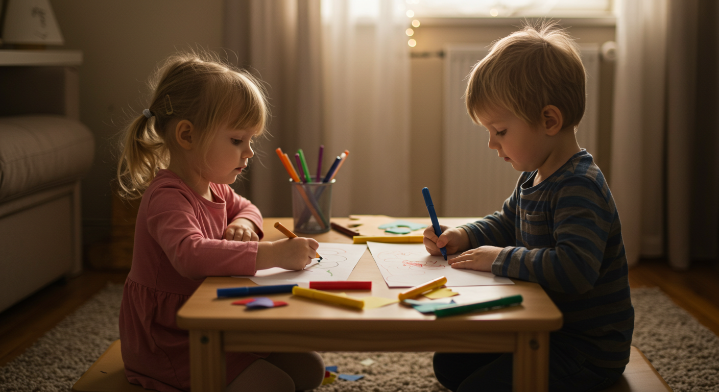 Дети рисуют вместе в творческой зоне с бумагой иMarkers