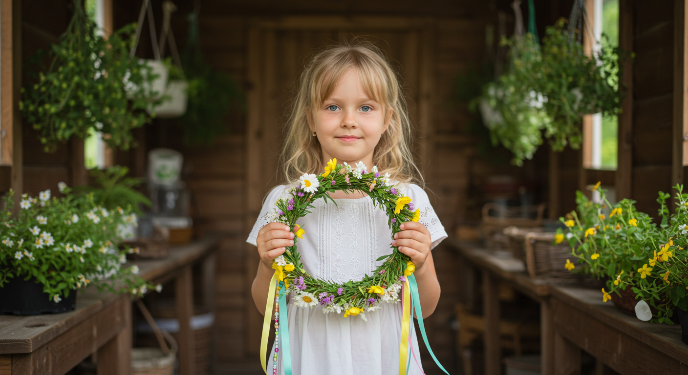 Девочка гордо держит венок из цветов с лентами в руках на веранде