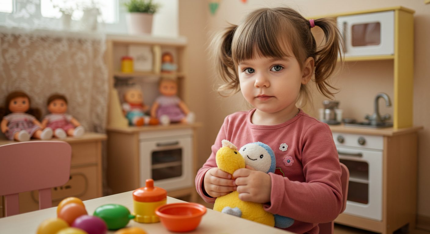 Девочка играет с мягкими игрушками в уголке ролевых игр детского сада