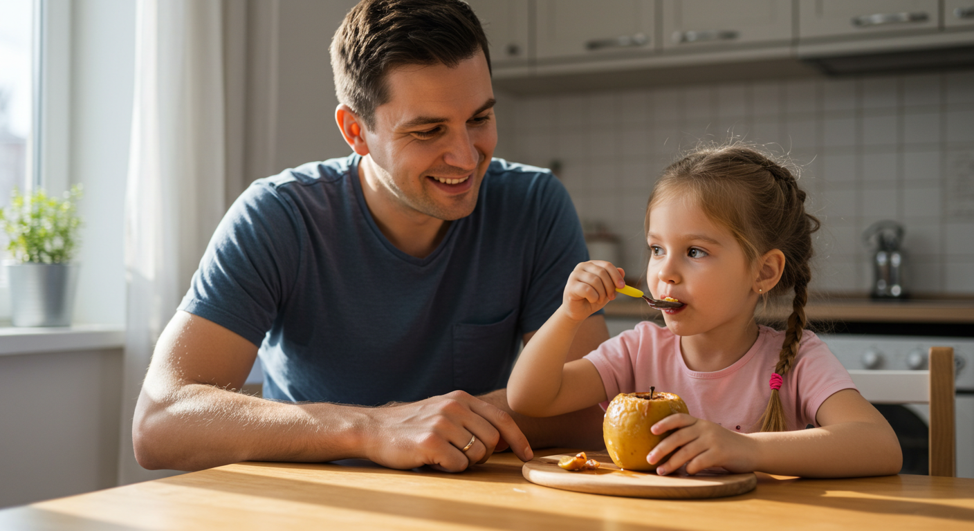 Девочка пробует запеченное яблоко, отец улыбается с другого конца стола