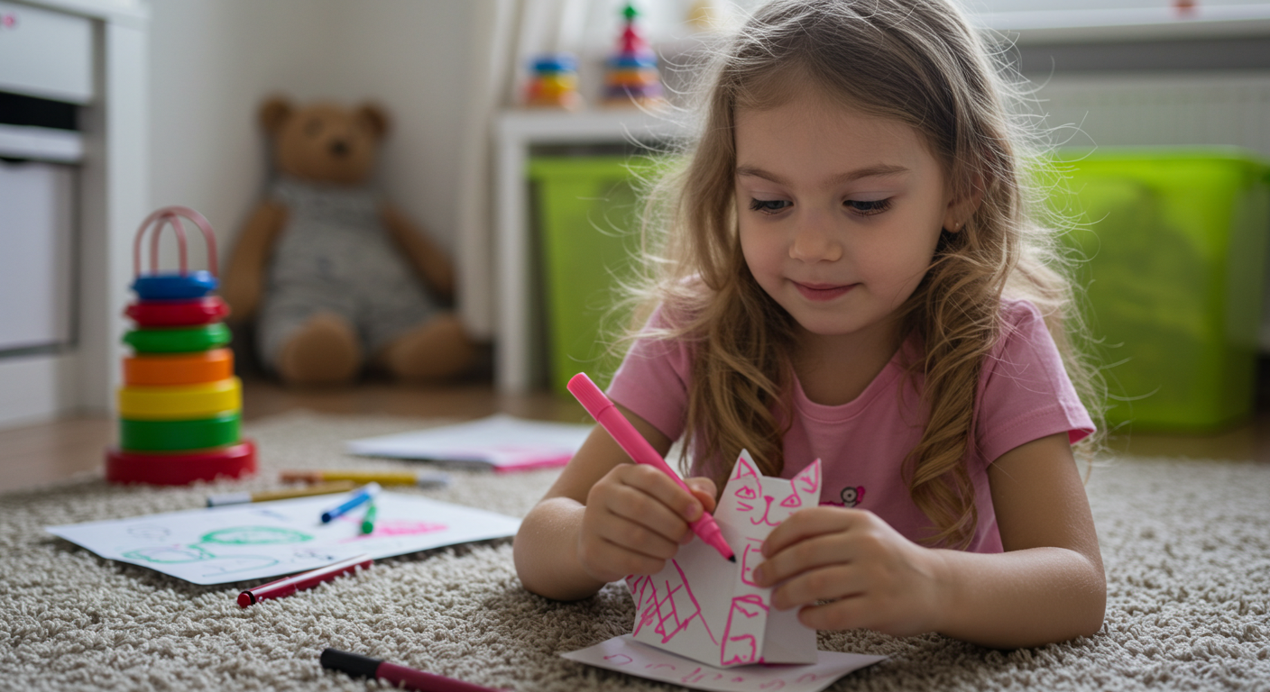 Девочка украшает оригами кота розовым маркером на ковре