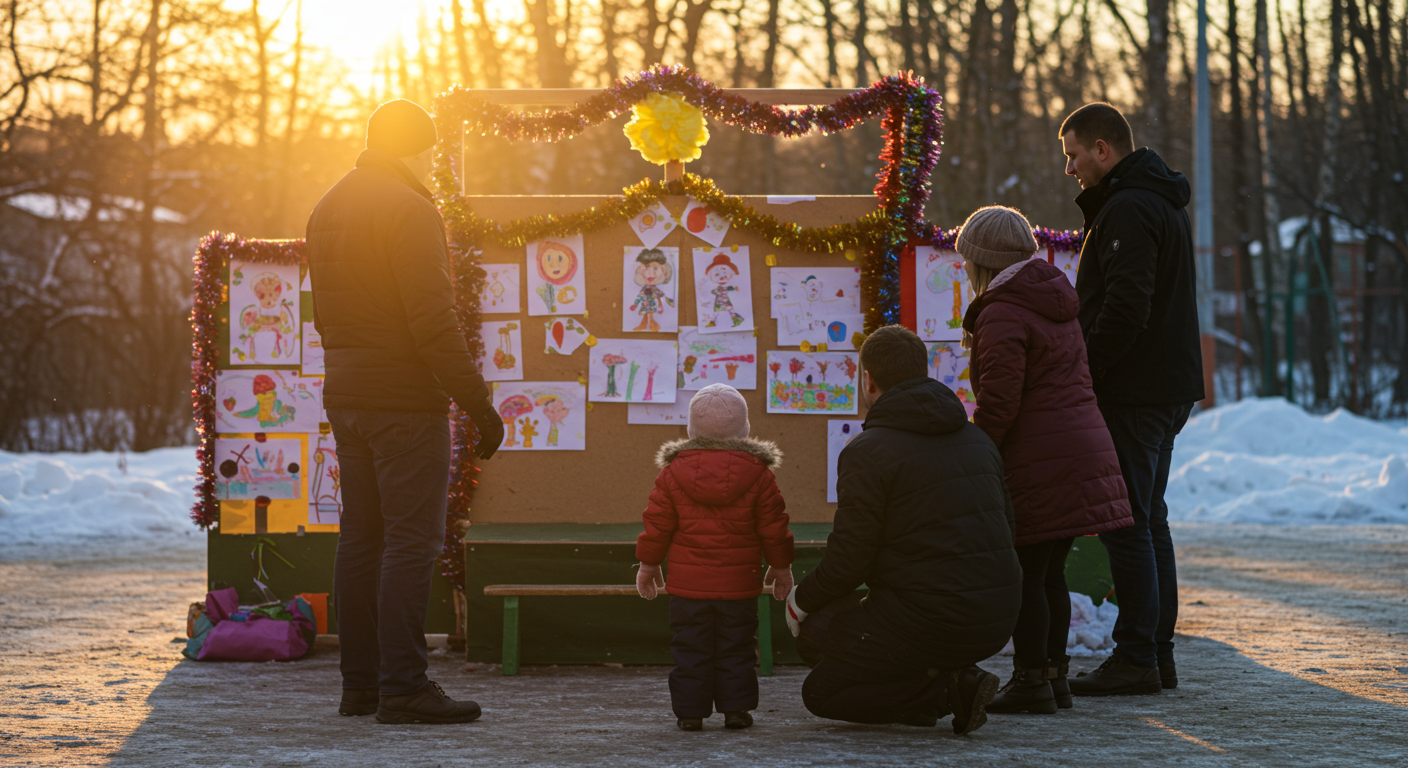 Группа родителей и детей наслаждаются представлением на открытой площадке