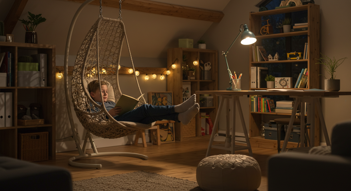 Мальчик читает книгу в подвесном кресле в игровой зоне лофта