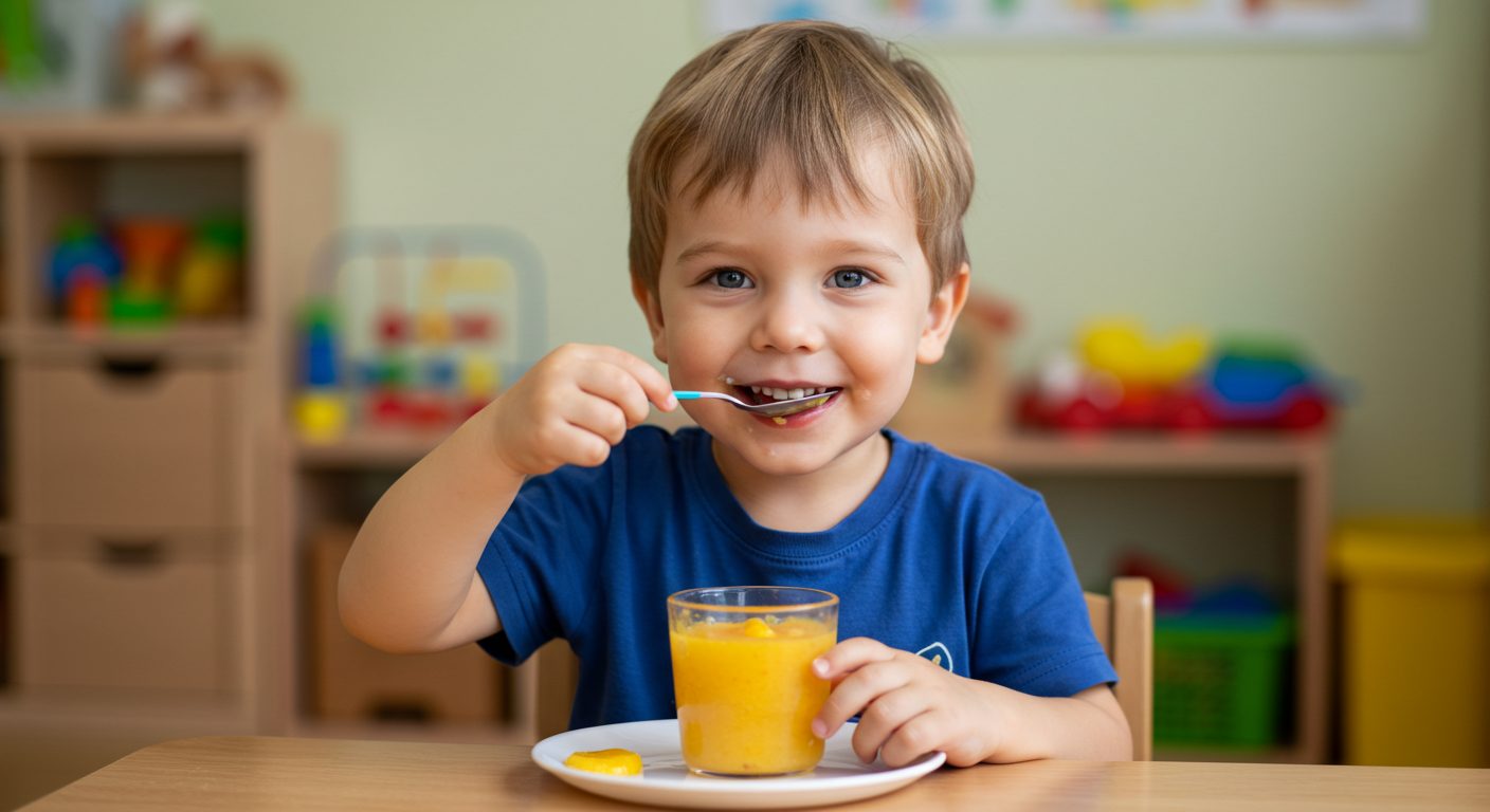 альчик ест фруктовый пудинг за столом в детском саду после сна