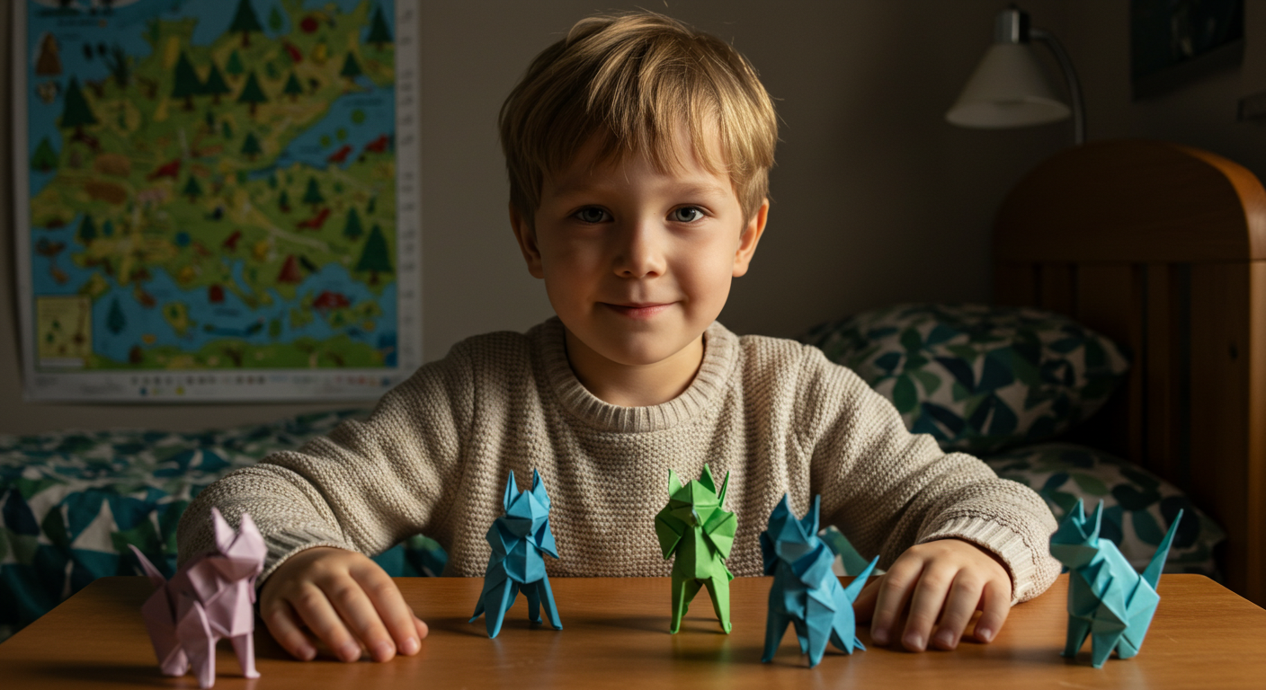 Мальчик гордится своими оригами котами воителями в разноцветной комнате