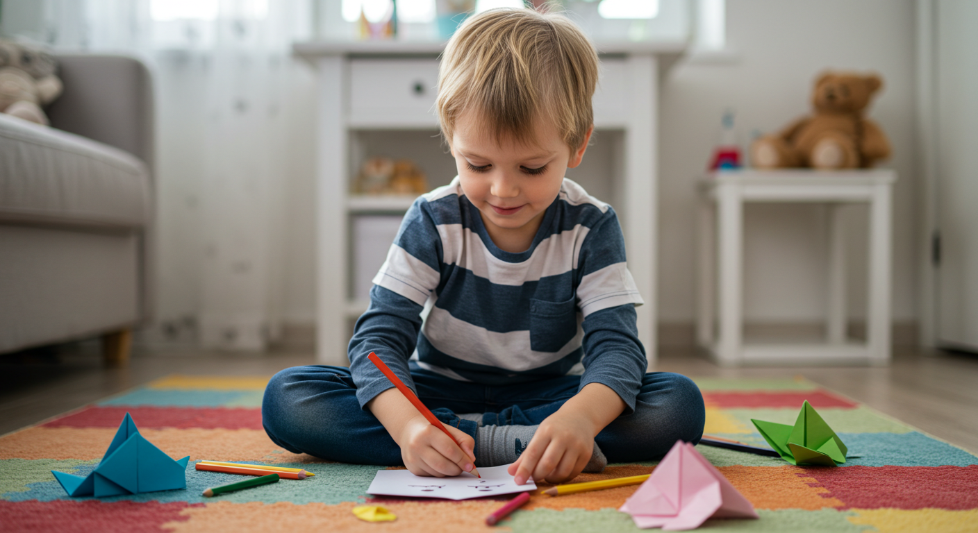 Мальчик рисует на бумажной кошке оригами с цветными карандашами
