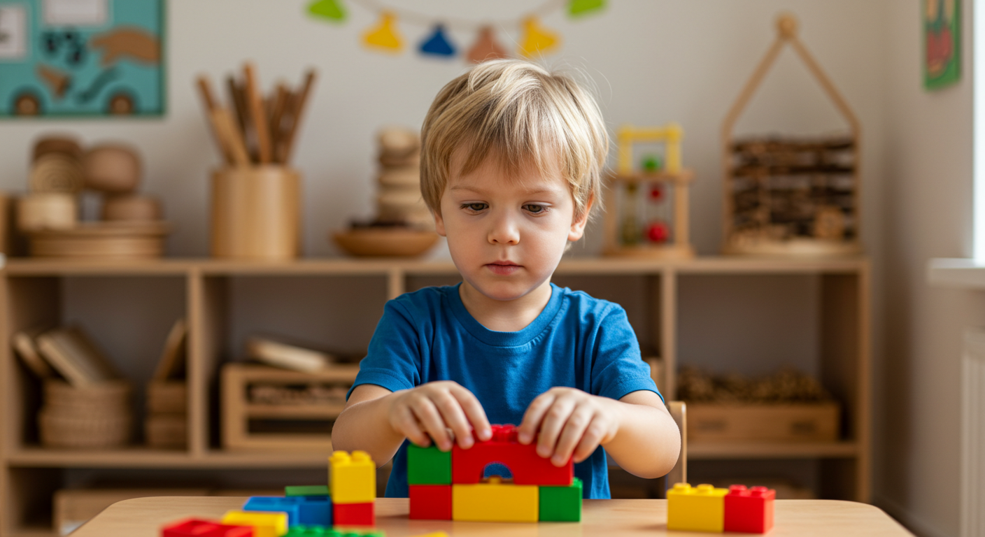 Мальчик собирает блоки в зоне строительства в ярком классе детского сада