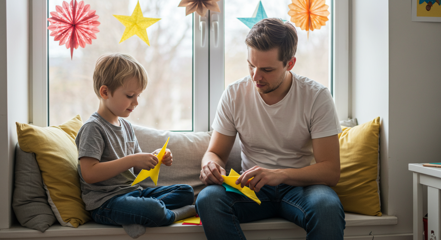 Мальчик создает звездочку из фетра с папой на широком подоконнике