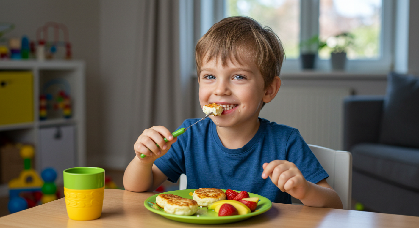 Мальчик ест творожные оладьи с фруктами за детским столом дома