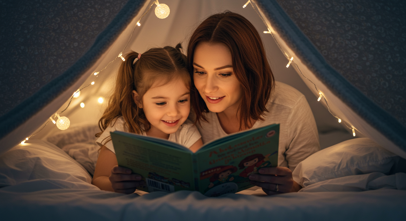 Мама читает дочери книжку под палаткой из одеял в спальне