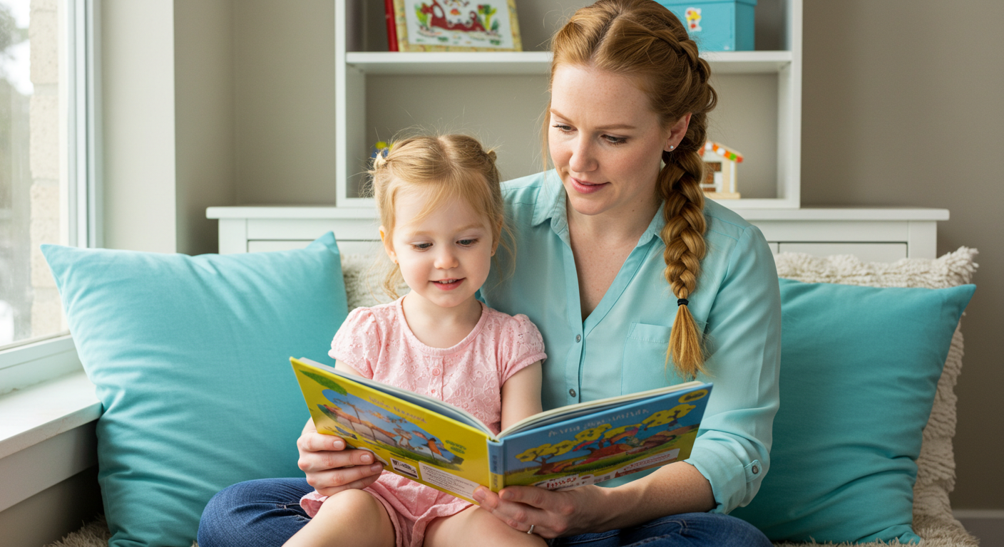 Мама читает дочке в уютном уголке с бирюзовыми подушками
