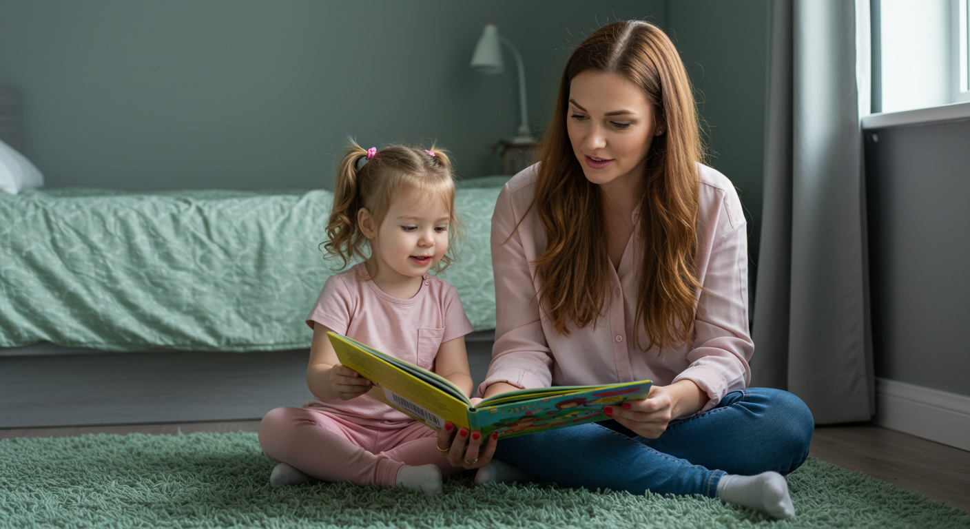Мама читает книгу дочке на ковре в серо-фисташковой спальне