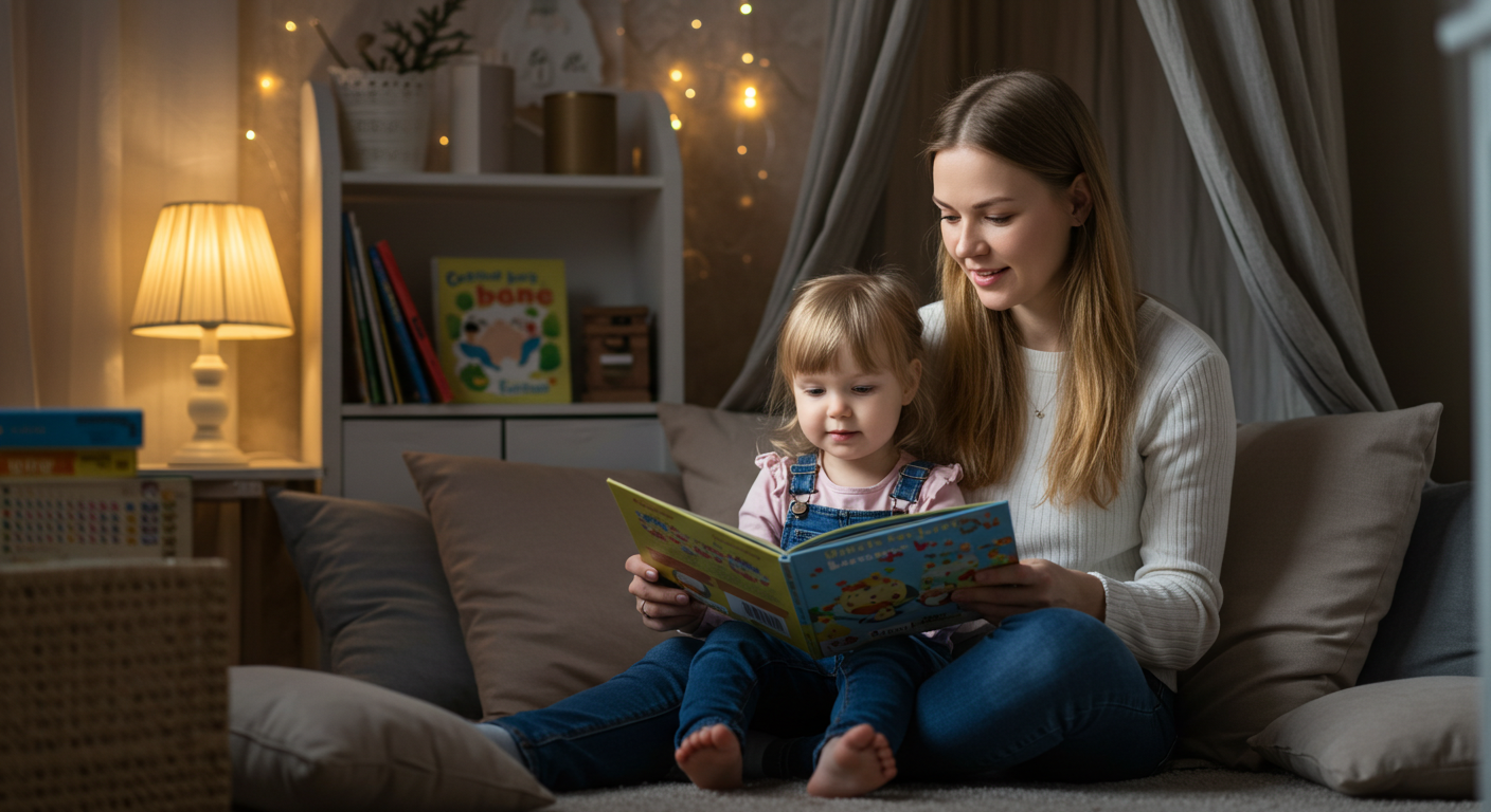 Мама читает книгу с дочкой в уютном уголке для чтения дома