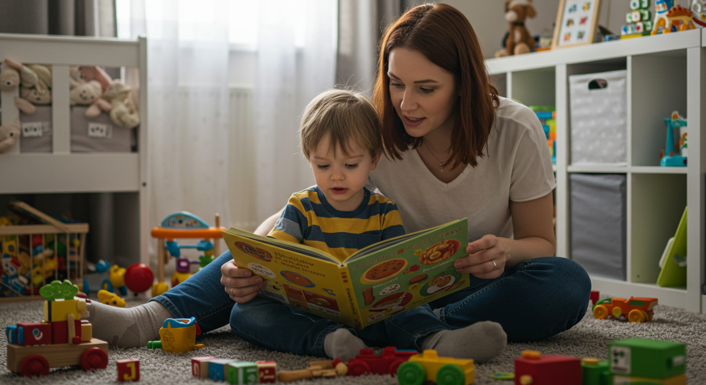 Мама читает книгу сыну о еде в детской комнате на ковре